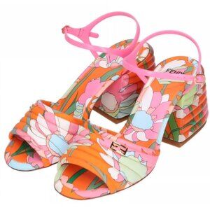 Fendi Promenade Pink Floral Block Heel Sandal Strappy Heels retro EU 37.5 us 7.5